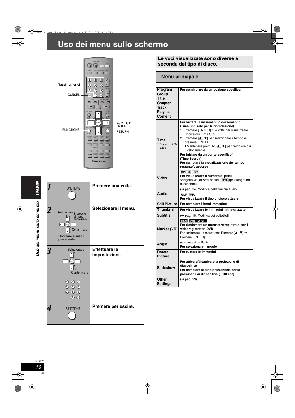 Uso dei menu sullo schermo, Premere una volta, Selezionare il menu | Effettuare le impostazioni, Premere per uscire | Panasonic SCHT845 User Manual | Page 52 / 104