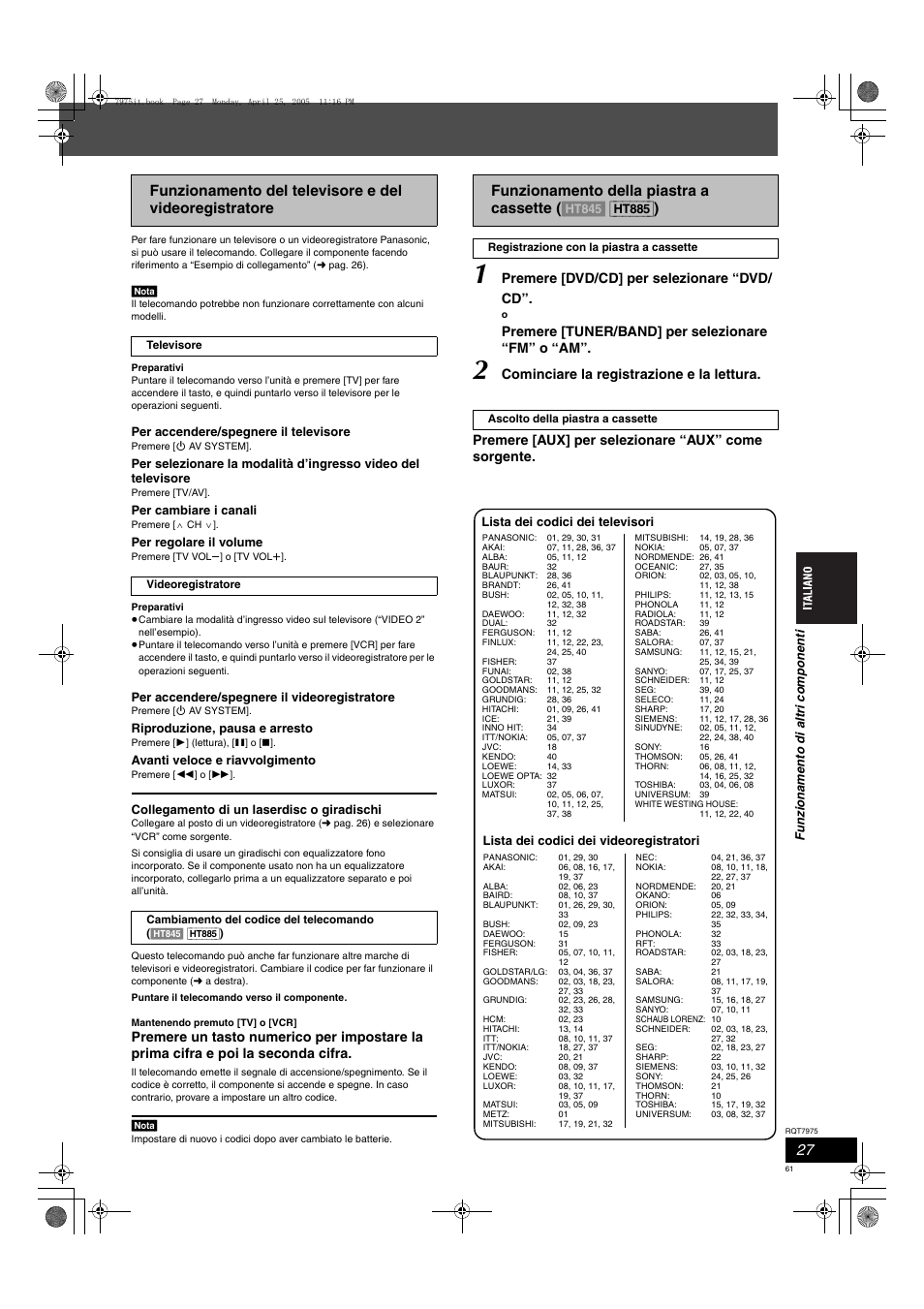 Premere [dvd/cd] per selezionare “dvd/ cd, Premere [tuner/band] per selezionare “fm” o “am | Panasonic SCHT845 User Manual | Page 61 / 104
