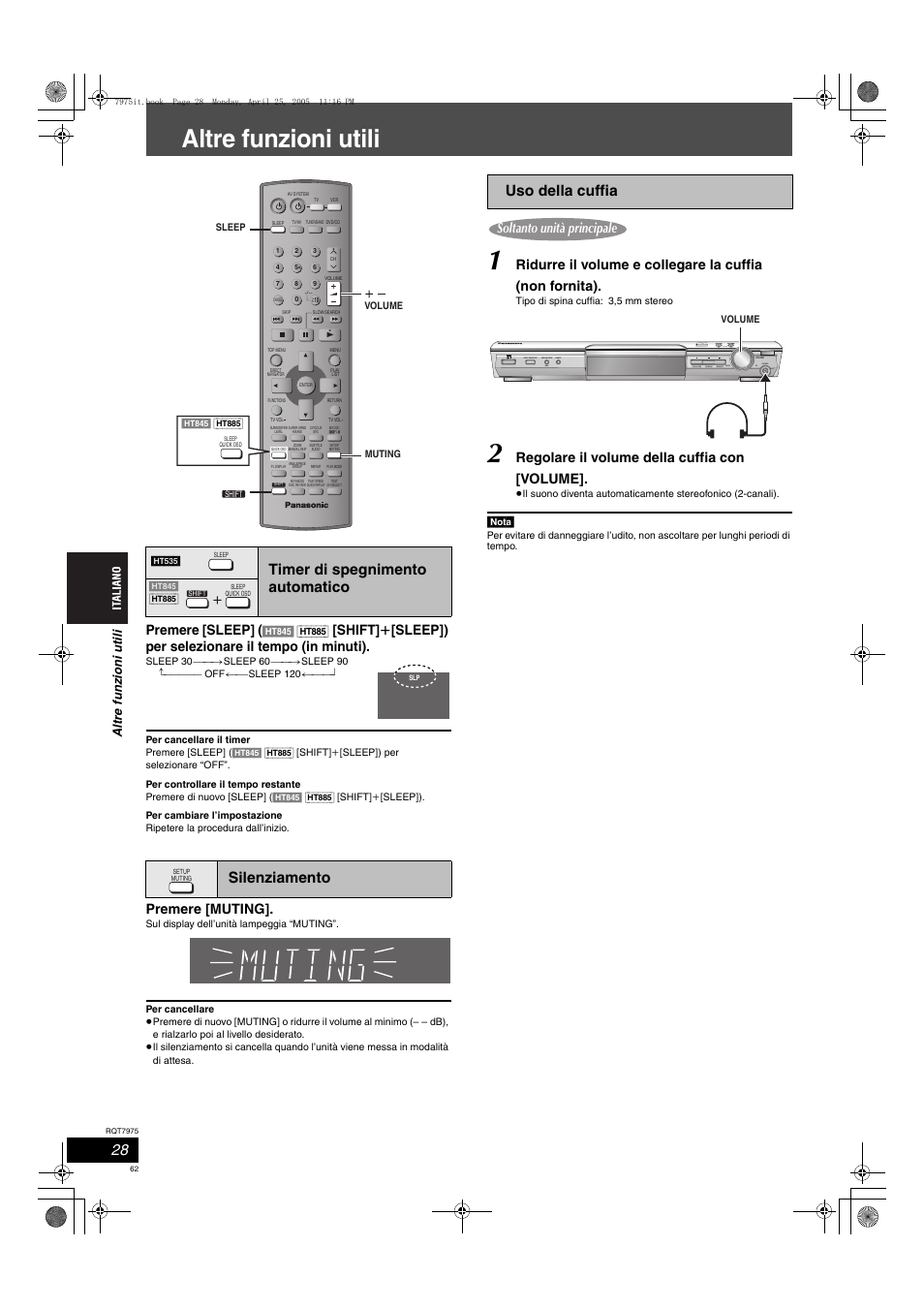 Altre funzioni utili, Timer di spegnimento automatico silenziamento, Uso della cuffia | Premere [sleep, Premere [muting, Regolare il volume della cuffia con [volume, Open close, Alt re fu nzion i ut ili | Panasonic SCHT845 User Manual | Page 62 / 104