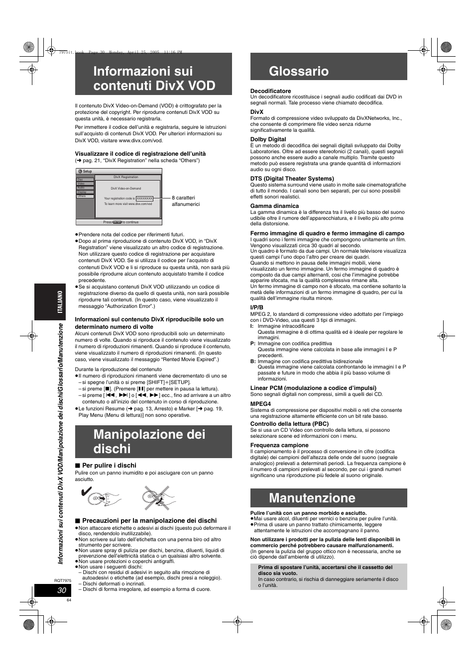 Informazioni sui contenuti divx vod, Manipolazione dei dischi, Glossario | Manutenzione | Panasonic SCHT845 User Manual | Page 64 / 104