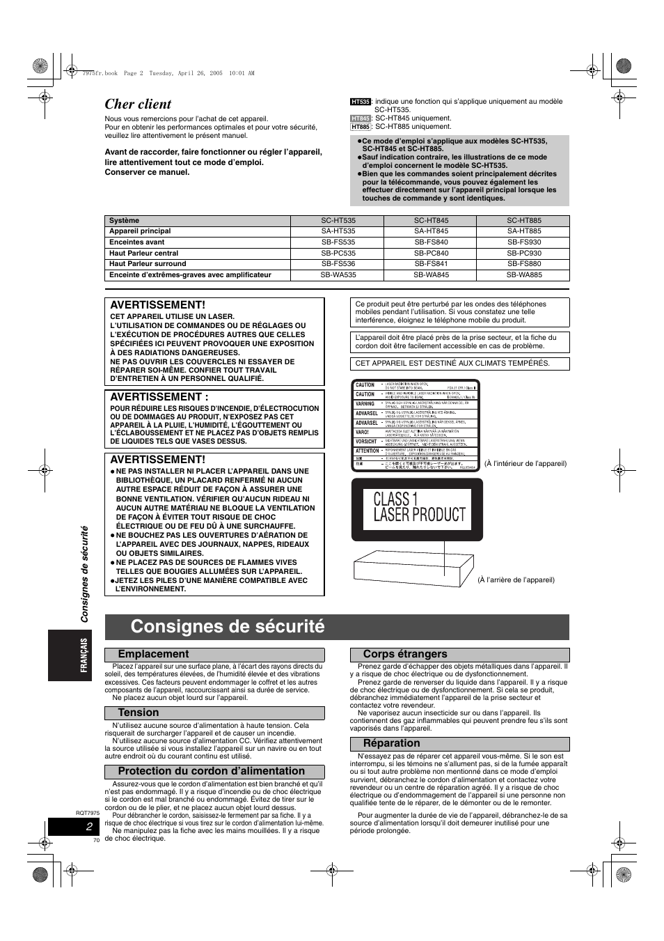 Consignes de sécurité, Cher client, Avertissement | Panasonic SCHT845 User Manual | Page 70 / 104
