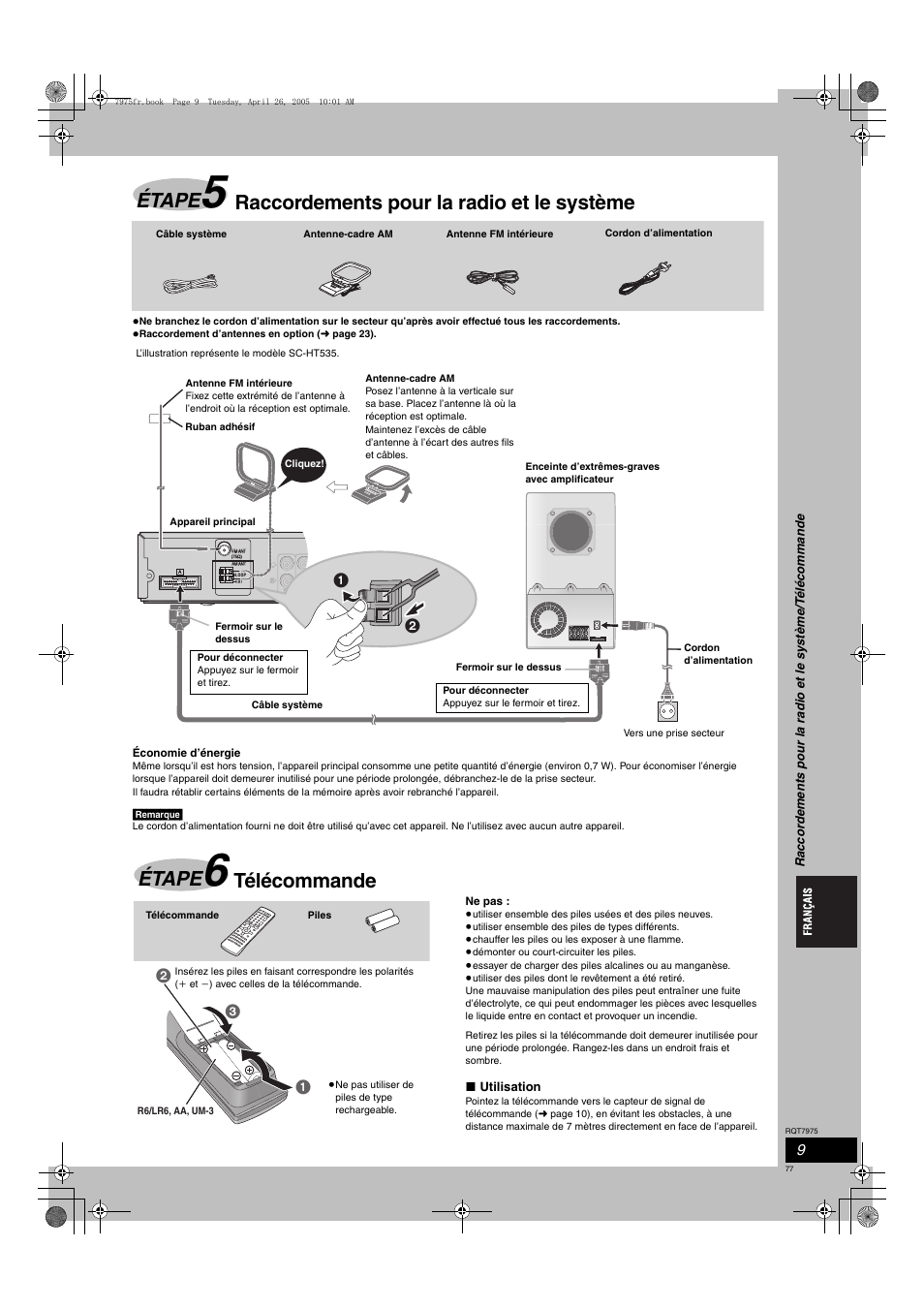 Étape, Raccordements pour la radio et le système, Télécommande | Utilisation | Panasonic SCHT845 User Manual | Page 77 / 104