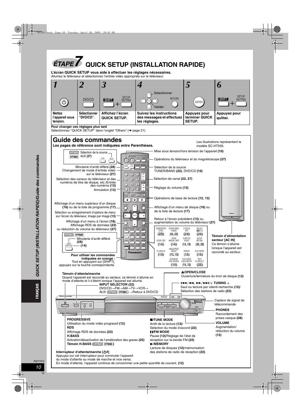 Étape, Quick setup (installation rapide), Guide des commandes | Tuning, Open close ac in ac in | Panasonic SCHT845 User Manual | Page 78 / 104