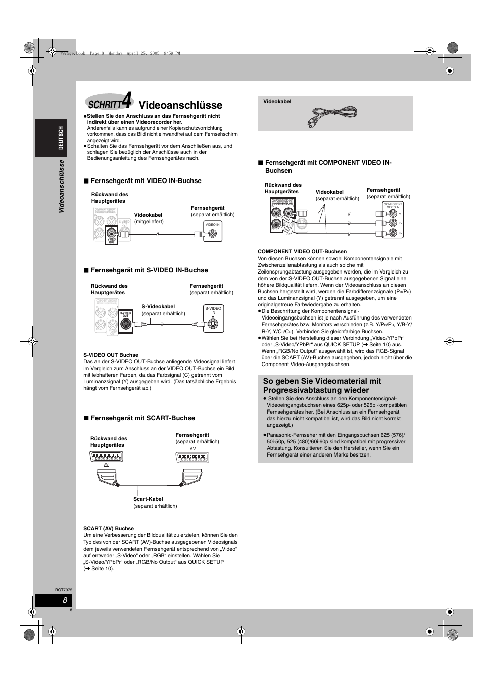 Schritt, Videoanschlüsse, Fernsehgerät mit scart-buchse | Fernsehgerät mit component video in- buchsen, Videoa nsc h lü sse | Panasonic SCHT845 User Manual | Page 8 / 104