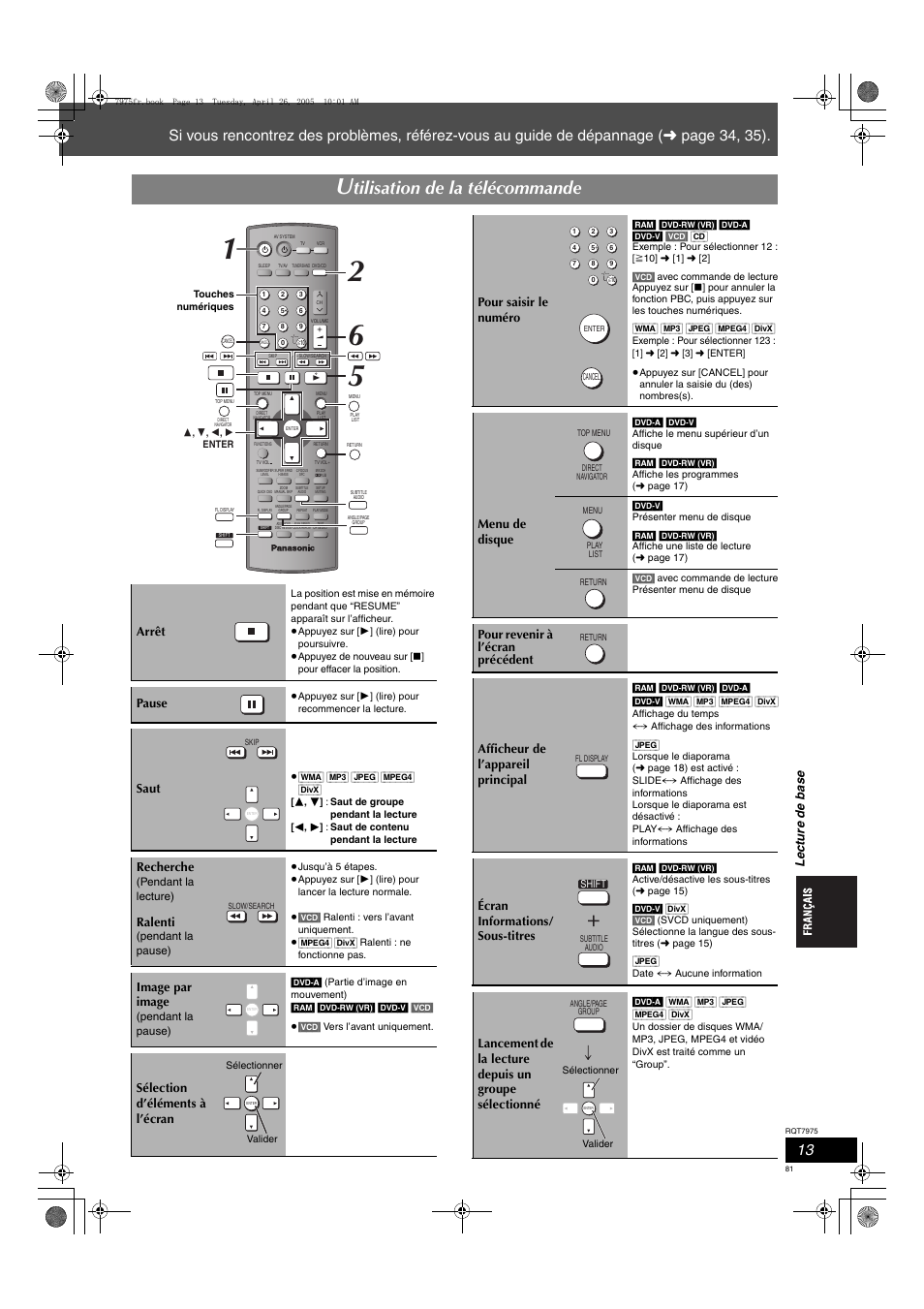 Tilisation de la télécommande, Le ct ure de b ase, Arrêt | Pause, Saut, Recherche, Ralenti, Image par image, Sélection d’éléments à l’écran, Pour saisir le numéro | Panasonic SCHT845 User Manual | Page 81 / 104