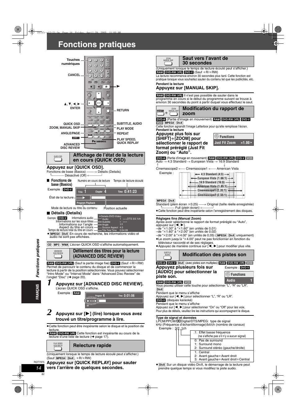 Fonctions pratiques, Appuyez sur [quick osd, Appuyez sur [advanced disc review | Appuyez sur [manual skip, Fo nct io n s pra tique s, Fonctions de base (basics), Détails (details) | Panasonic SCHT845 User Manual | Page 82 / 104