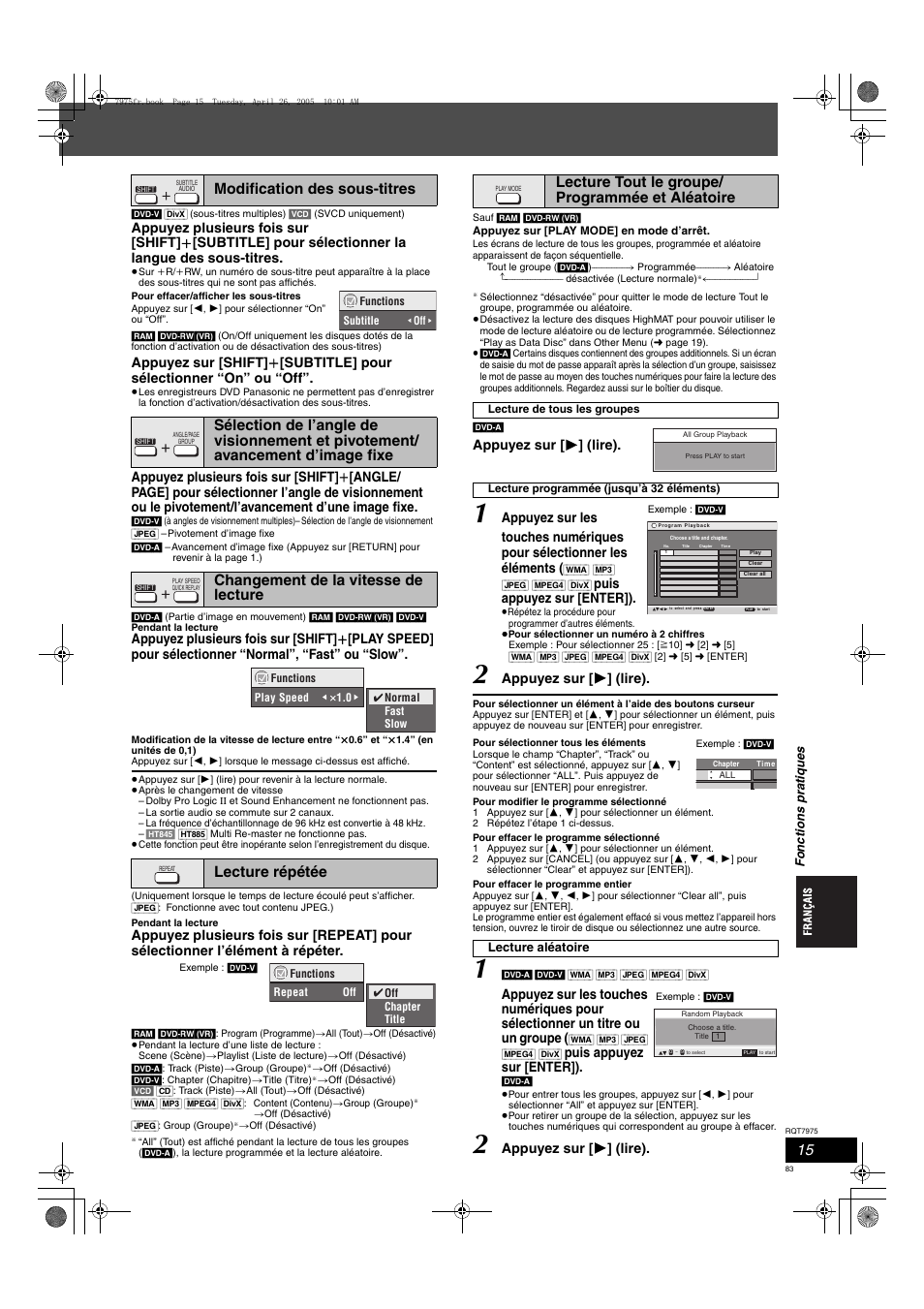 Lecture tout le groupe/ programmée et aléatoire, Appuyez sur [ 1 ] (lire), Puis appuyez sur [enter]) | Panasonic SCHT845 User Manual | Page 83 / 104