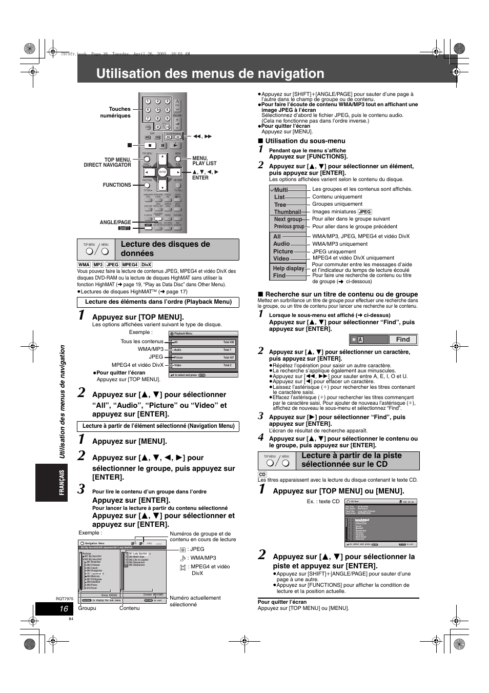 Utilisation des menus de navigation, Lecture des disques de données, Appuyez sur [top menu | Appuyez sur [menu, Appuyez sur [enter, Appuyez sur [top menu] ou [menu, Utilisation du sous-menu, Recherche sur un titre de contenu ou de groupe | Panasonic SCHT845 User Manual | Page 84 / 104