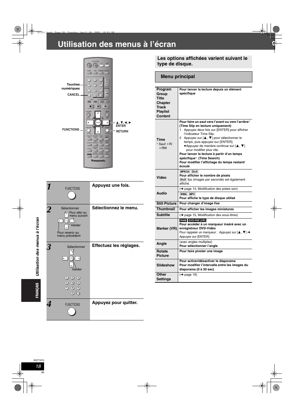 Utilisation des menus à l’écran, Appuyez une fois, Sélectionnez le menu | Effectuez les réglages, Appuyez pour quitter | Panasonic SCHT845 User Manual | Page 86 / 104