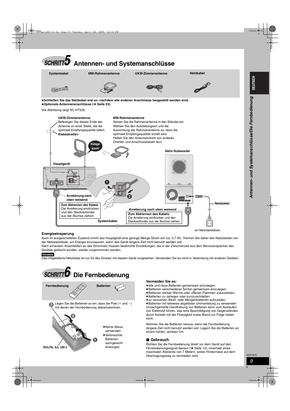 Schritt, Antennen- und systemanschlüsse, Die fernbedienung | Gebrauch | Panasonic SCHT845 User Manual | Page 9 / 104