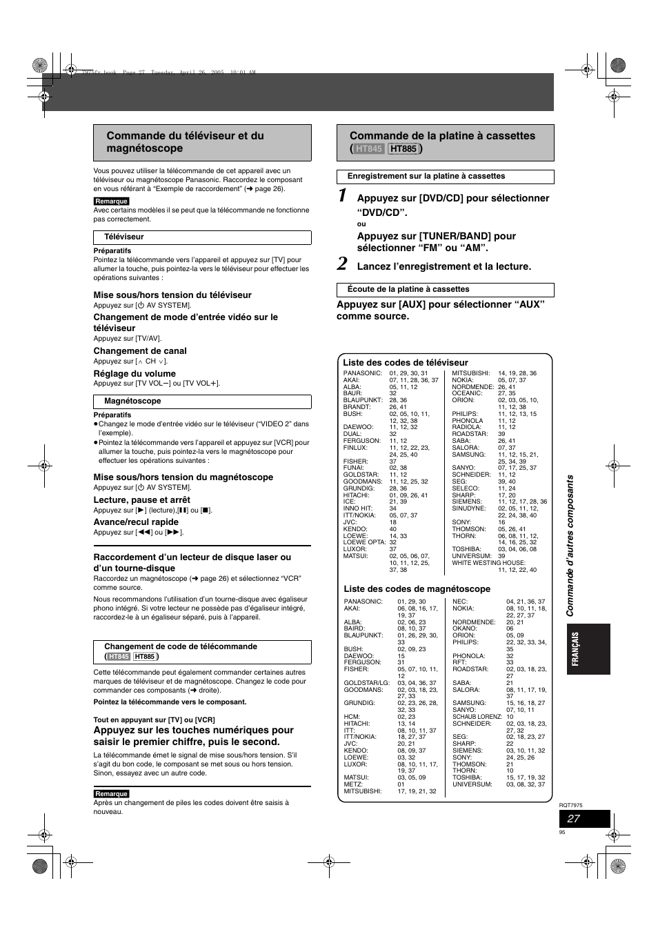 Commande du téléviseur et du magnétoscope, Appuyez sur [dvd/cd] pour sélectionner “dvd/cd | Panasonic SCHT845 User Manual | Page 95 / 104