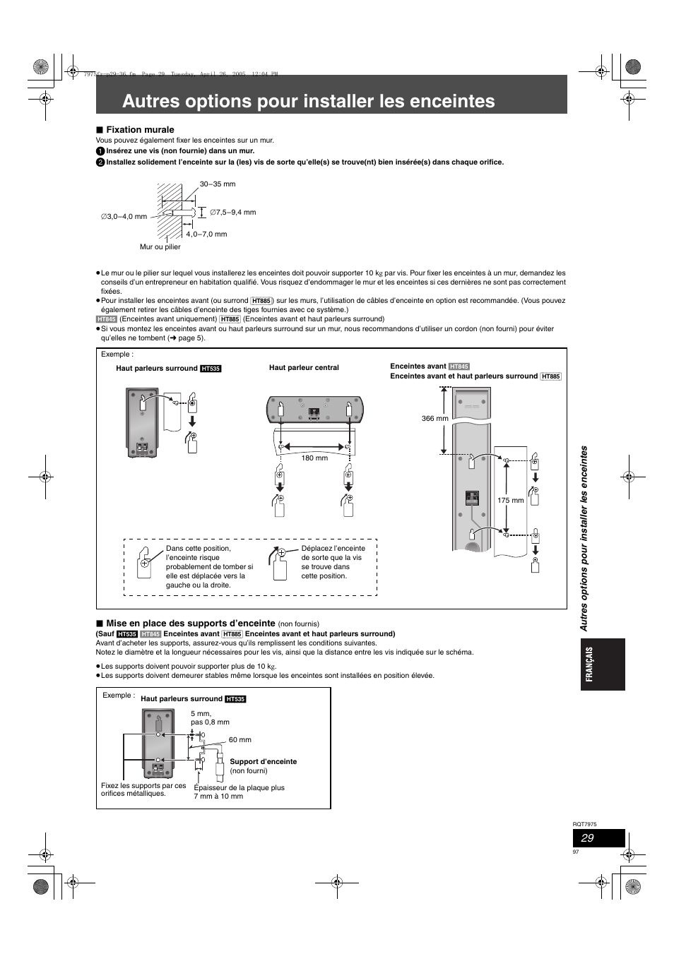 Autres options pour installer les enceintes | Panasonic SCHT845 User Manual | Page 97 / 104