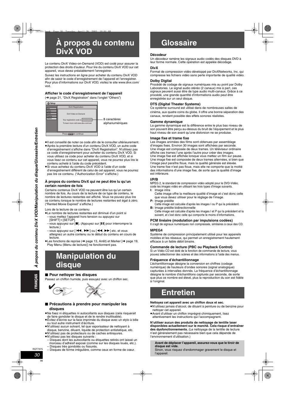 À propos du contenu divx vod, Manipulation du disque, Glossaìre | Entretien | Panasonic SCHT845 User Manual | Page 98 / 104