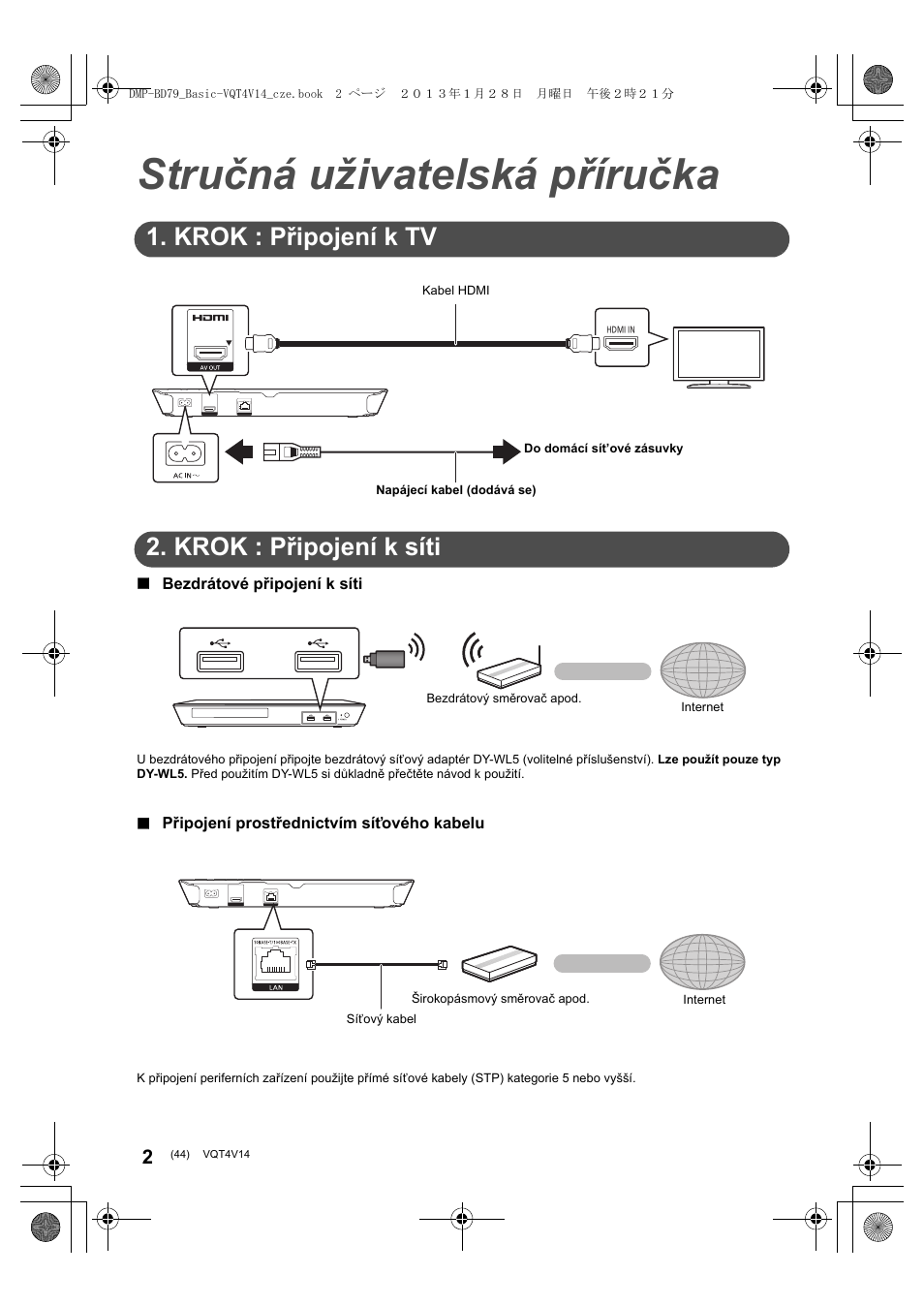Stručná uživatelská příručka, Krok : připojení k tv, Krok : připojení k síti | Panasonic DMPBD79EG User Manual | Page 44 / 68