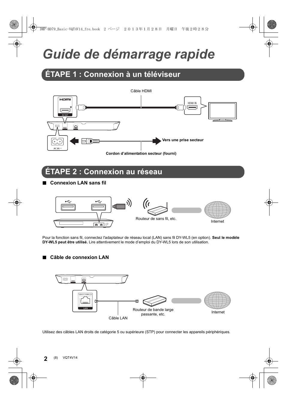 Guide de démarrage rapide, Étape 1 : connexion à un téléviseur, Étape 2 : connexion au réseau | Panasonic DMPBD79EG User Manual | Page 8 / 68