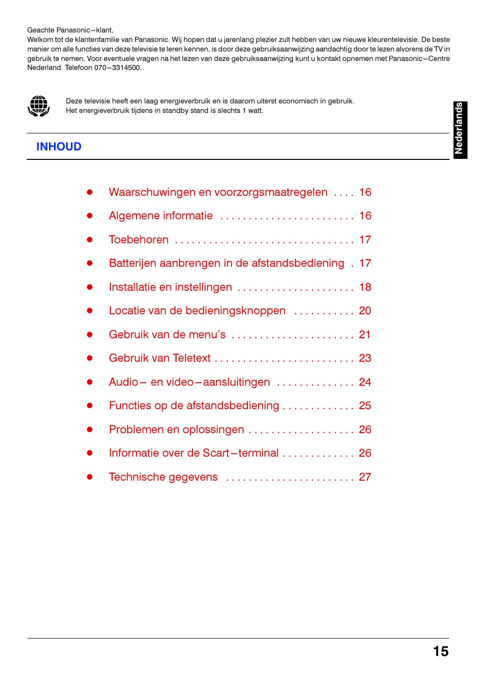 Inhoud | Panasonic TX21S3TC User Manual | Page 15 / 44