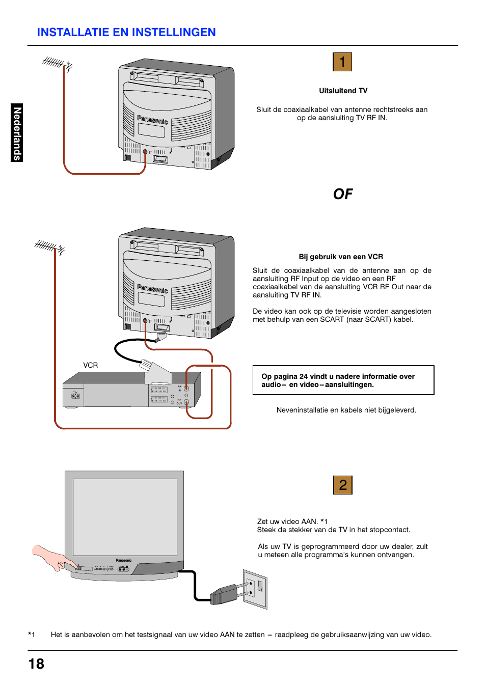 Installatie en instellingen, Uitsluitend tv, Bij gebruik van een vcr | Panasonic TX21S3TC User Manual | Page 18 / 44