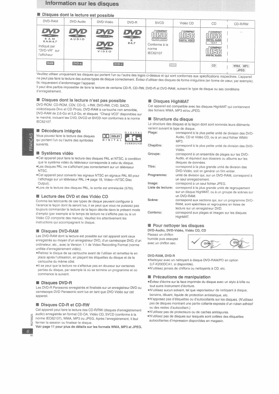Information sur íes disques, Îldg(b, Disques dont la lecture n'esî pas possible | S décodeurs intégrés, Vidéo, Dvd et, Disques dvd-r, 3 disques cd-r et cd-rw, H disques highïlat, Sîrucîiire du disque | Panasonic DVDS75EG User Manual | Page 6 / 24