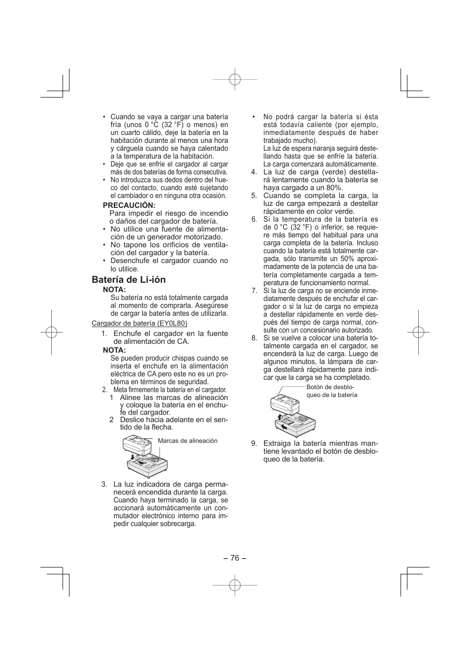 Batería de li-ión | Panasonic EY7880 User Manual | Page 76 / 160