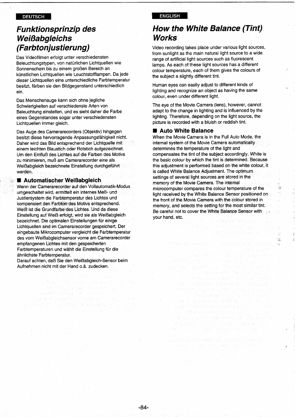 Funktionsprinzip des, Weißabgleichs, Farbtonjustierung) | How the white baiance (tint) works, Automatischer weißabgleich, Auto white balance | Panasonic NVRX10EG User Manual | Page 84 / 106