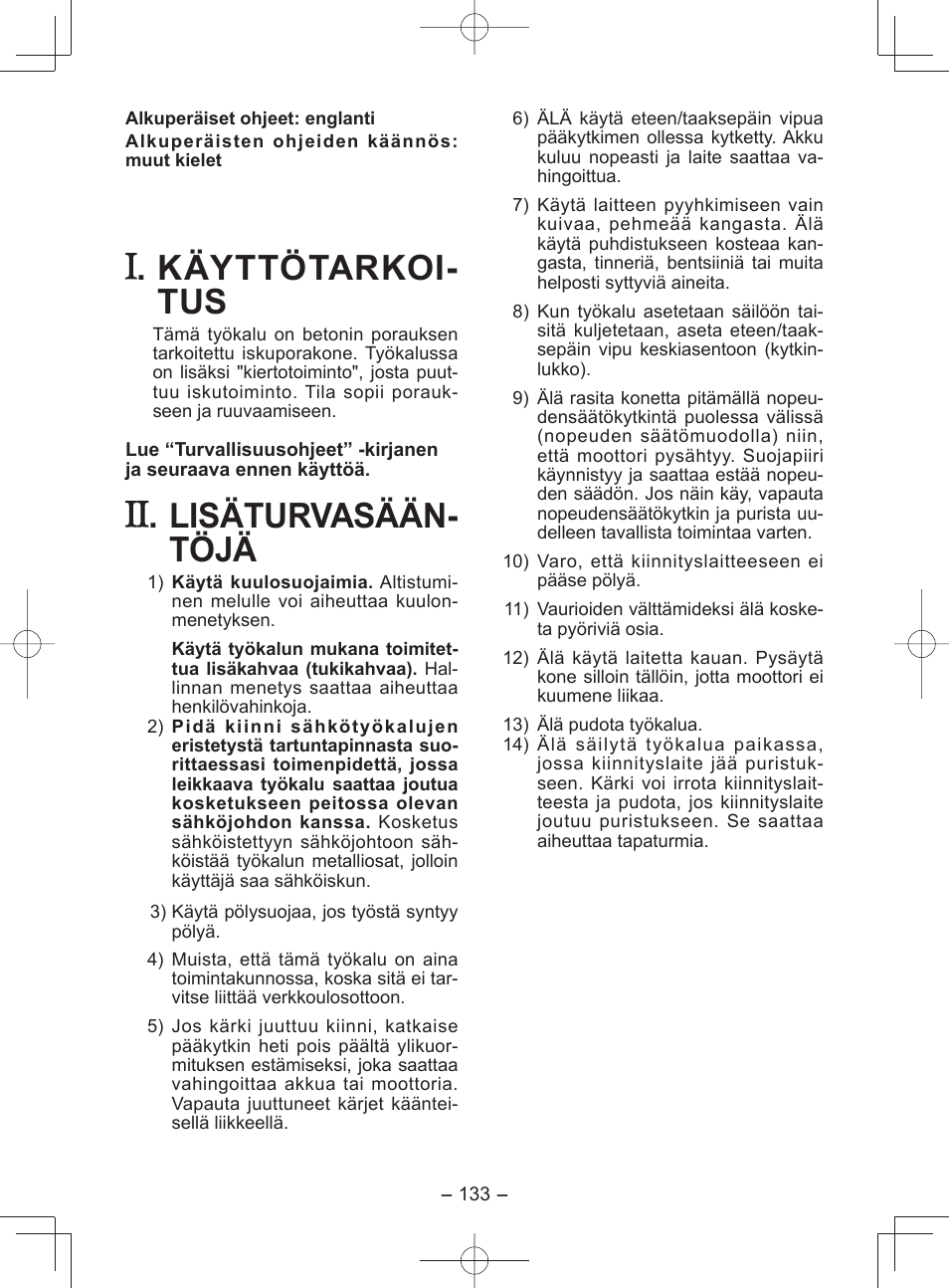 Käyttötarkoi- tus, Lisäturvasään- töjä | Panasonic EY7840 User Manual | Page 133 / 148