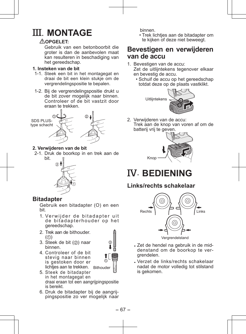 Montage, Bediening, Bevestigen en verwijderen van de accu | Bitadapter, Links/rechts schakelaar | Panasonic EY7840 User Manual | Page 67 / 148