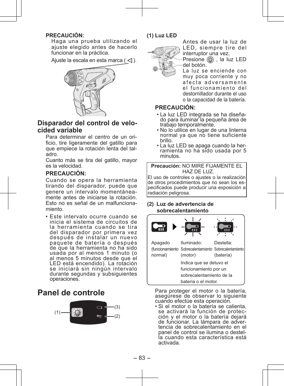 Panel de controle, Disparador del control de velo- cided variable | Panasonic EY7840 User Manual | Page 83 / 148