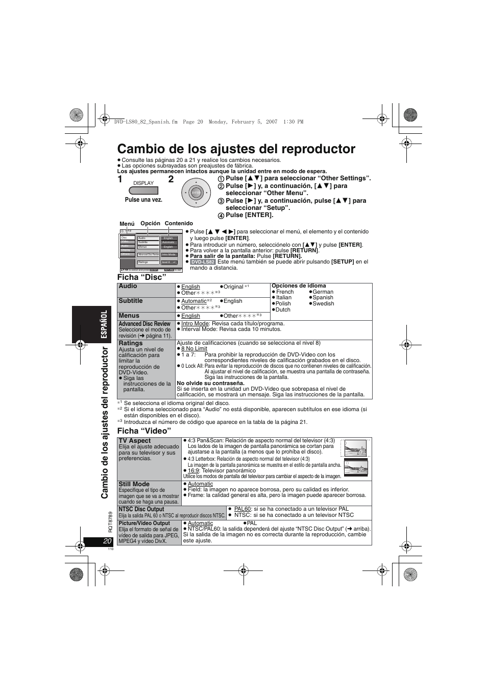 Cambio de los ajustes del reproductor, Ca m b io de los aj ust e s del r e pr oduct o r, Ficha “disc | Ficha “video | Panasonic DVDLS82 User Manual | Page 110 / 192