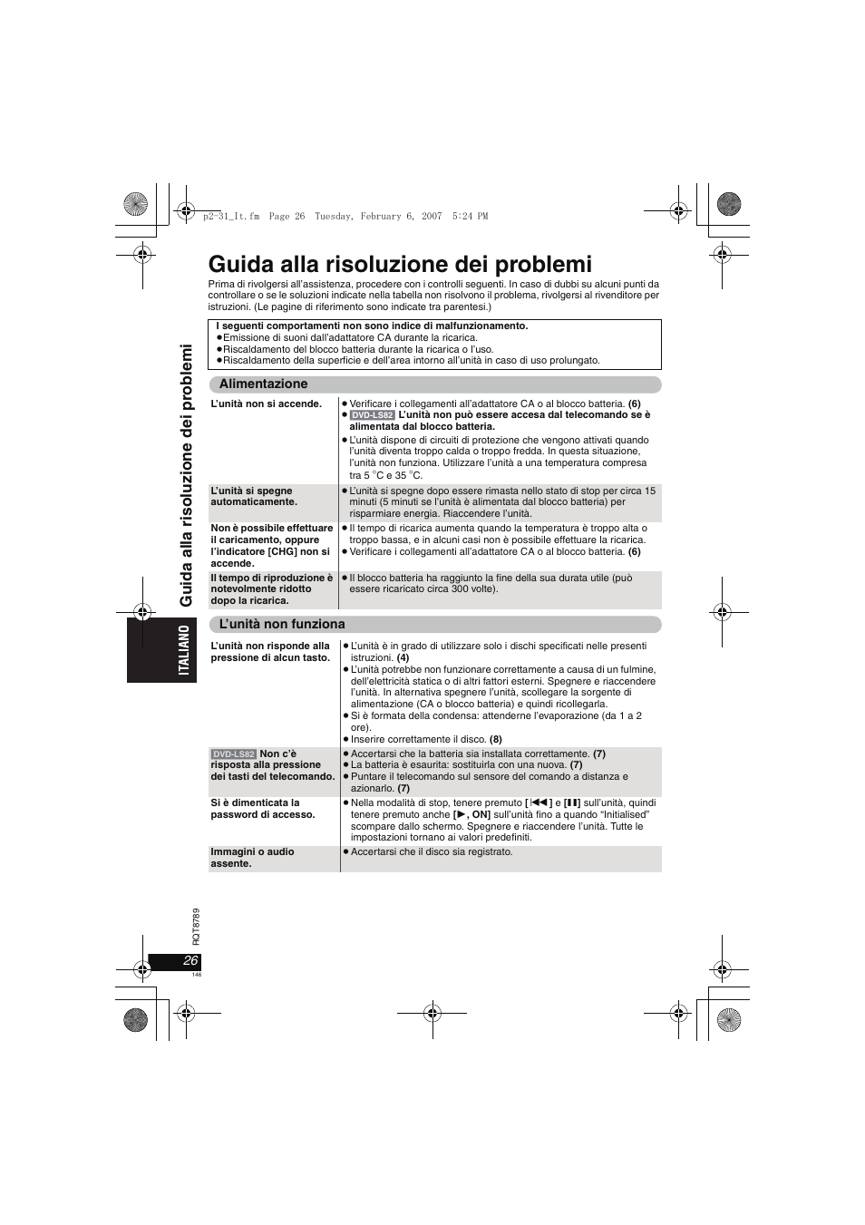 Guida alla risoluzione dei problemi, Guida al la ri soluz ione dei pr ob lemi | Panasonic DVDLS82 User Manual | Page 146 / 192