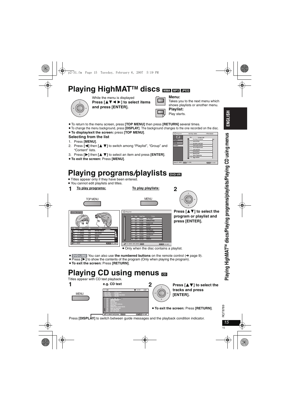 Playing highmat, Discs, Playing programs / playlists | Playing cd using menus, Pl ay ing hi ghm a t, Playlist, Selecting from the list, Press [ 34 ] to select the tracks and press [enter | Panasonic DVDLS82 User Manual | Page 15 / 192