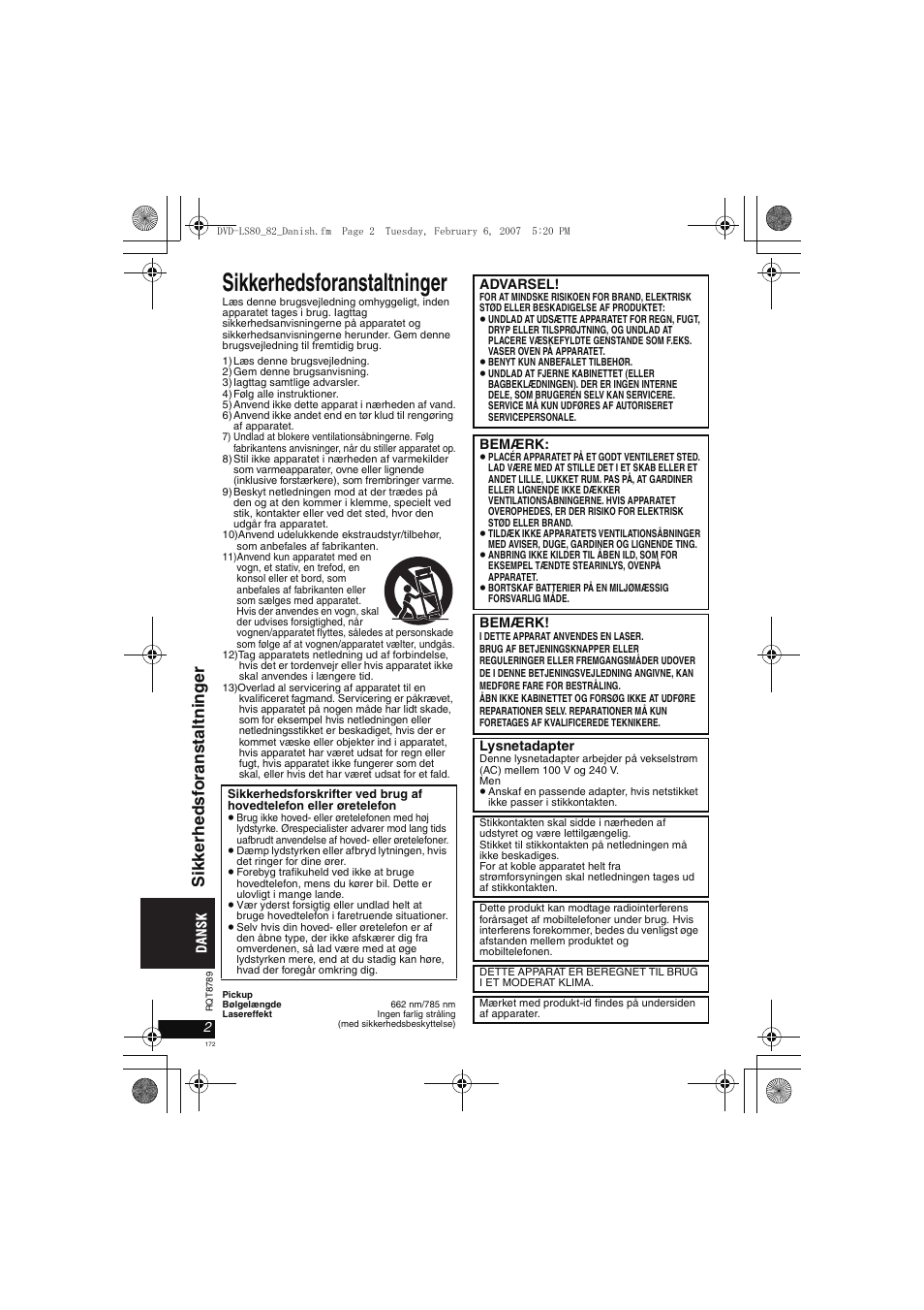 Sikkerhedsforanstaltninger | Panasonic DVDLS82 User Manual | Page 172 / 192
