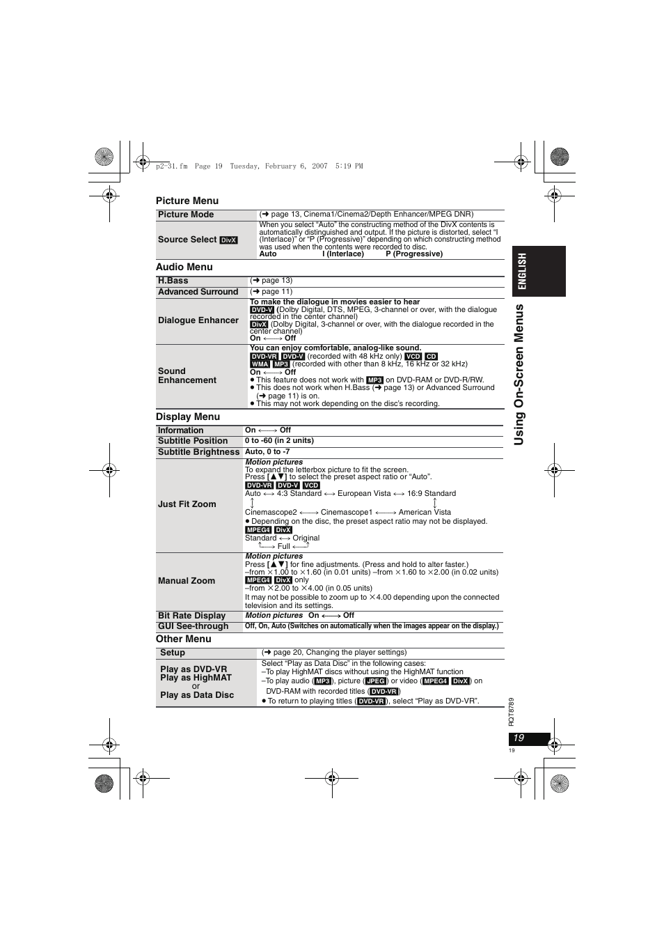 Us ing on-scr een men u s | Panasonic DVDLS82 User Manual | Page 19 / 192