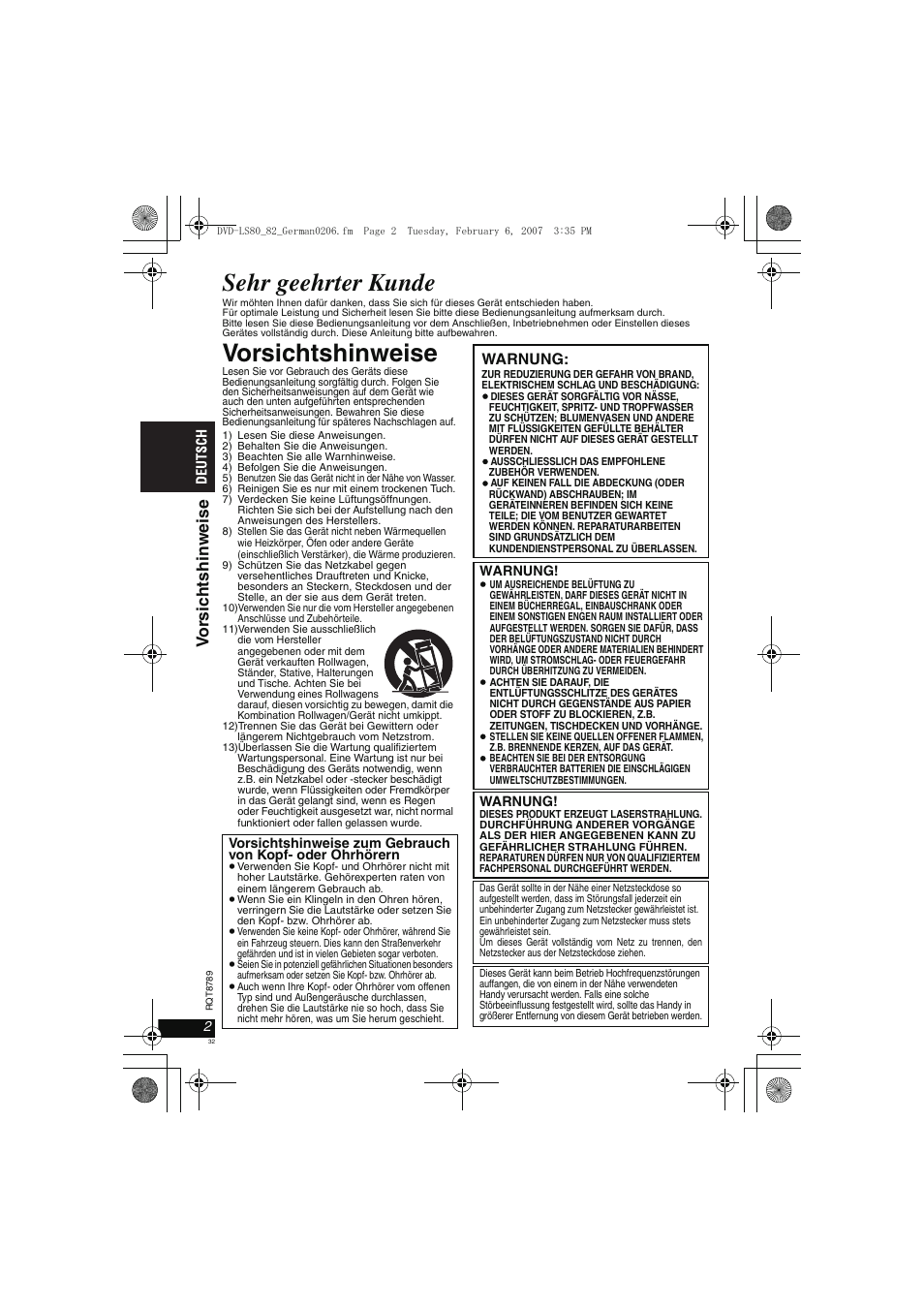 Sehr geehrter kunde, Vorsichtshinweise, Vo rs ic htshi nwei se | Panasonic DVDLS82 User Manual | Page 32 / 192