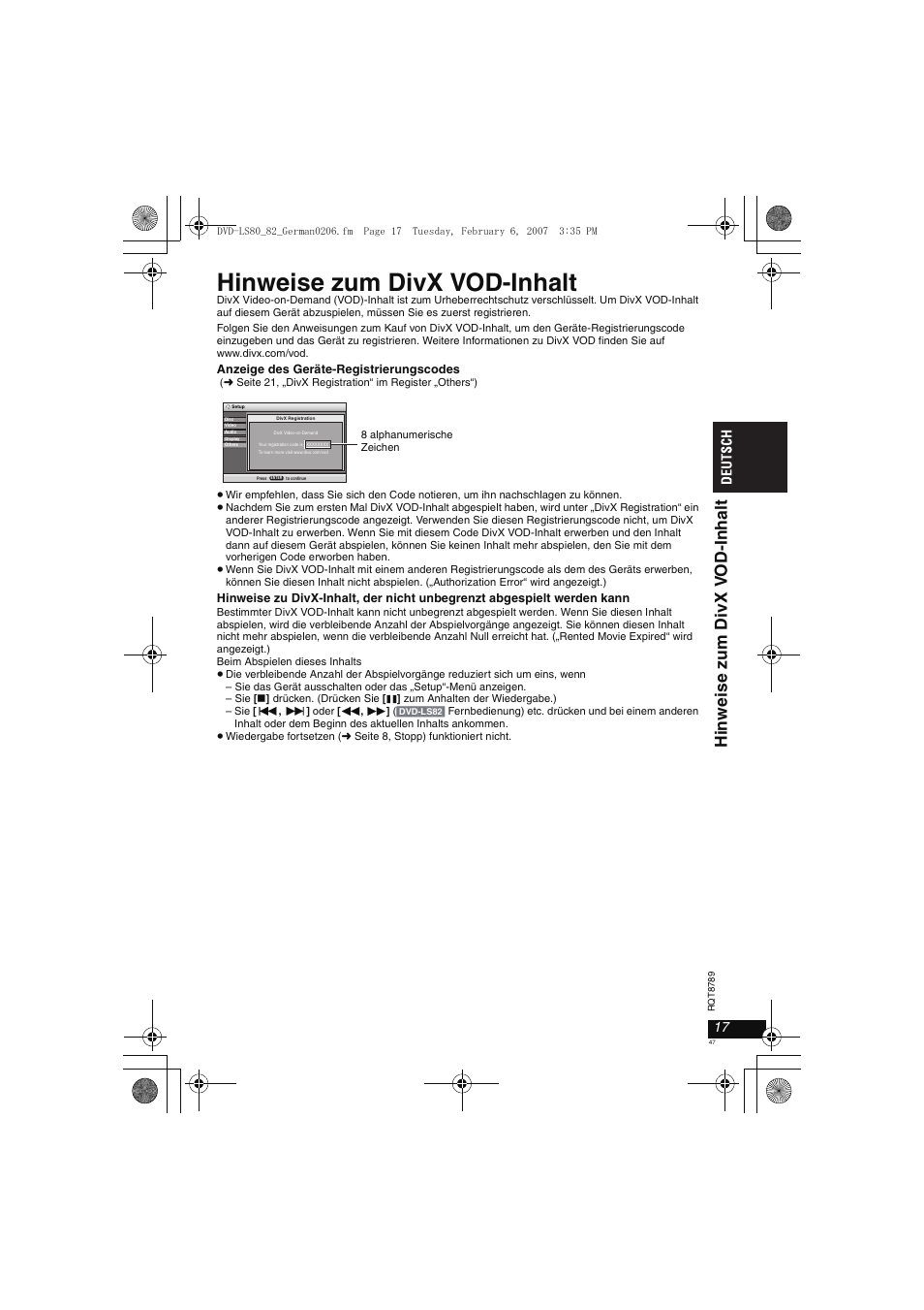 Hinweise zum divx vod-inhalt, Hi nw ei se zum di vx v o d- inh a lt | Panasonic DVDLS82 User Manual | Page 47 / 192