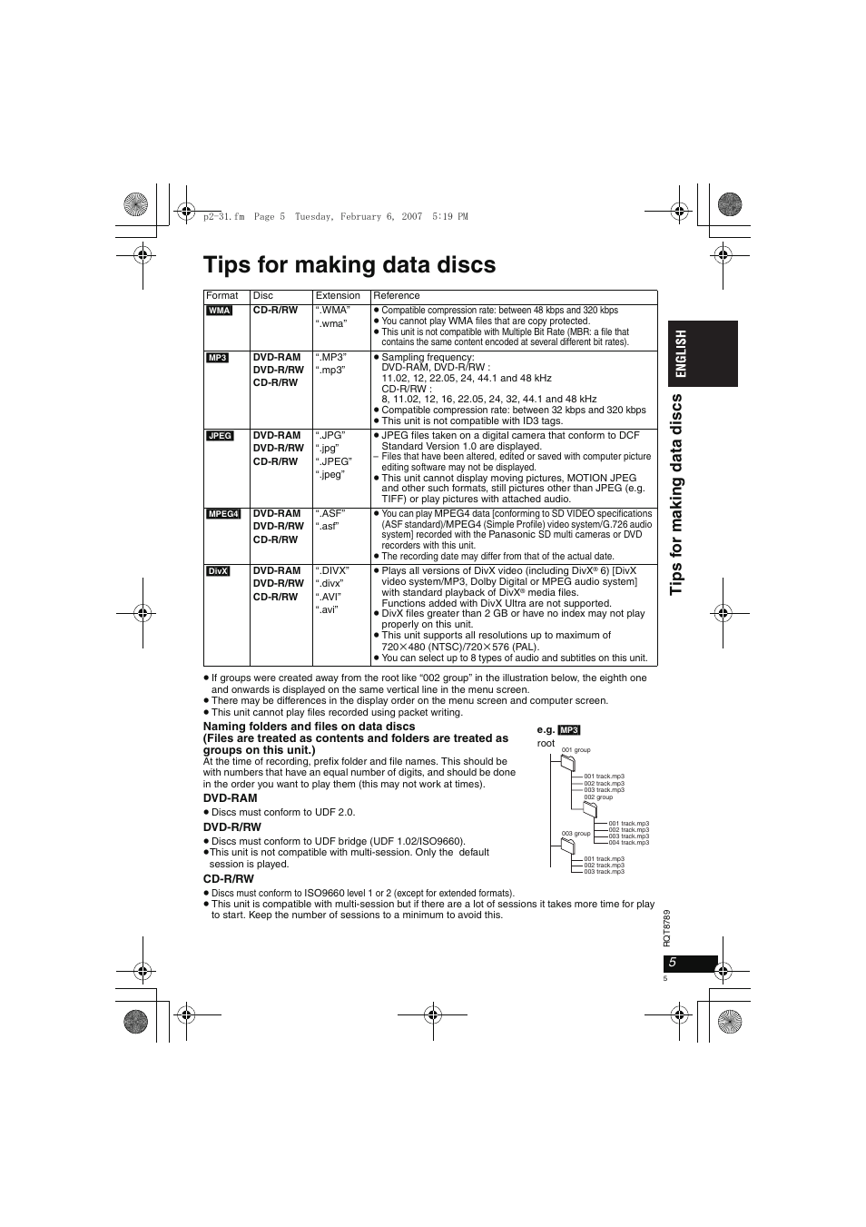 Tips for making data discs, Tips fo r maki ng dat a discs | Panasonic DVDLS82 User Manual | Page 5 / 192