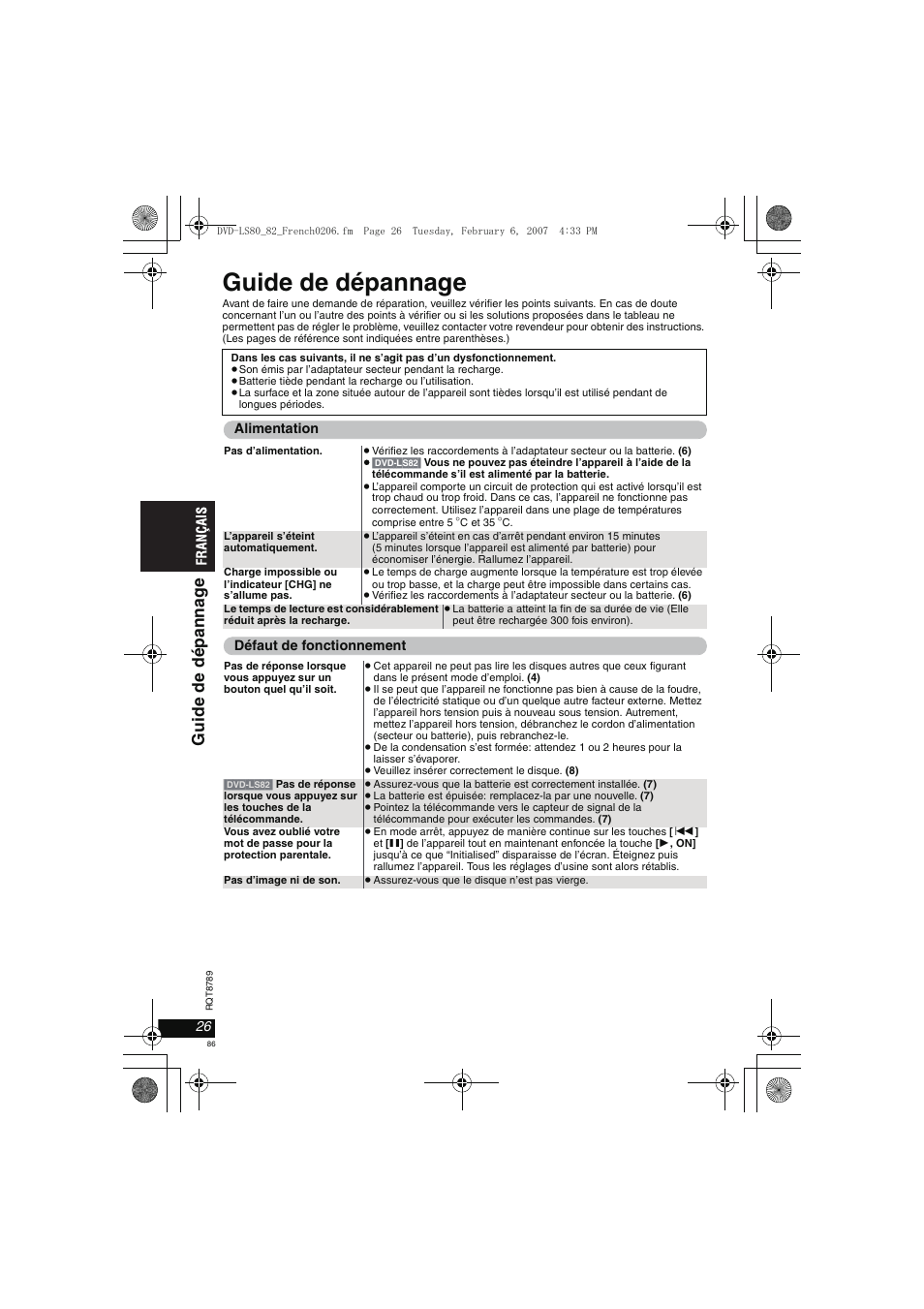 Guide de dépannage, Gu ide de dép anna g e | Panasonic DVDLS82 User Manual | Page 86 / 192