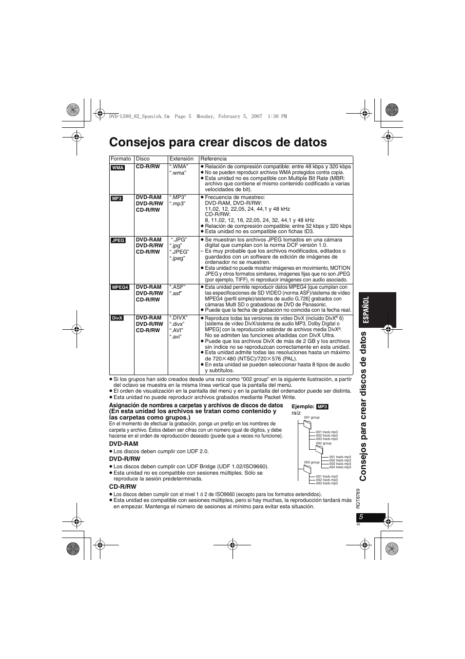 Consejos para crear discos de datos, Consej os par a crear di scos de dat os | Panasonic DVDLS82 User Manual | Page 95 / 192
