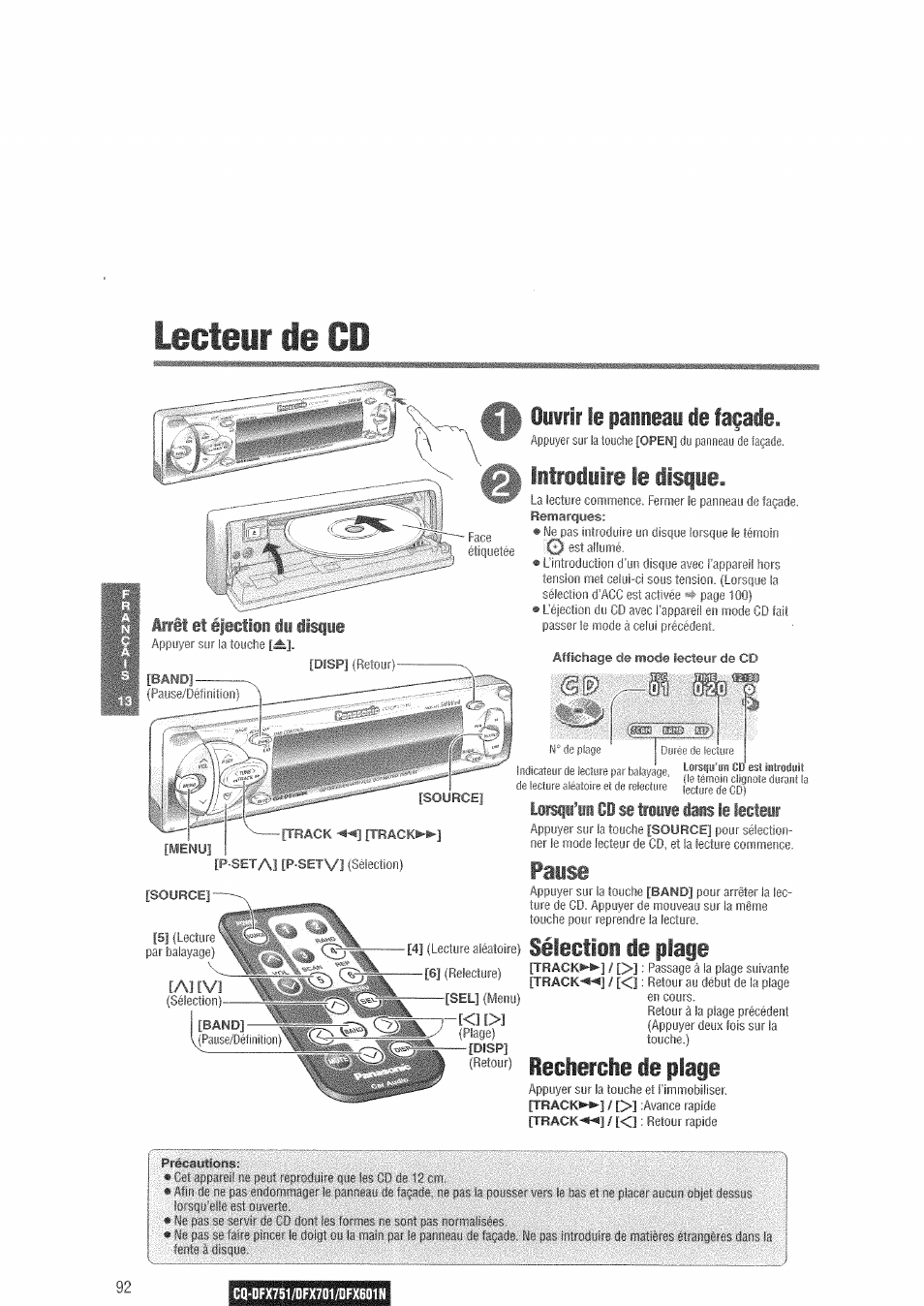 Lecteur de cd, Lorsqu’un cd se trouye dans ie lecteur, Cq-dfx751/dfx701/dfx601n | Le paiieai de façade, Iechercle ie plage, Pause, Sélection de plage, Irrit et éfectlii di disqie, Kl i | Panasonic CQDFX601 User Manual | Page 16 / 41