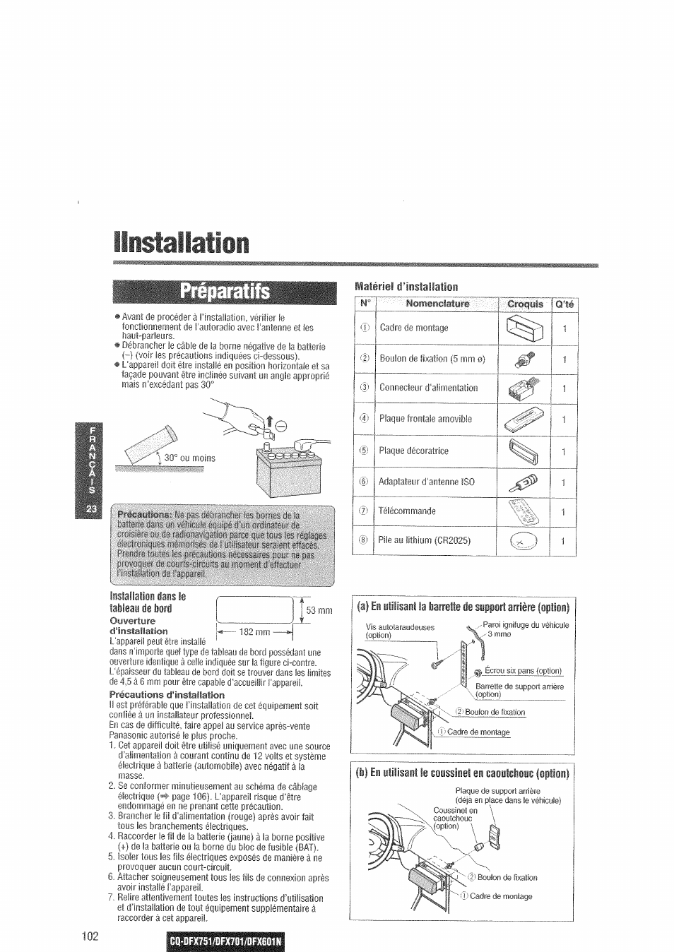 Installation, Préparatifs, O’té ci''-cadre | 1f4), Y v ^ 1 (|), Rl - 1 i6j | Panasonic CQDFX601 User Manual | Page 26 / 41