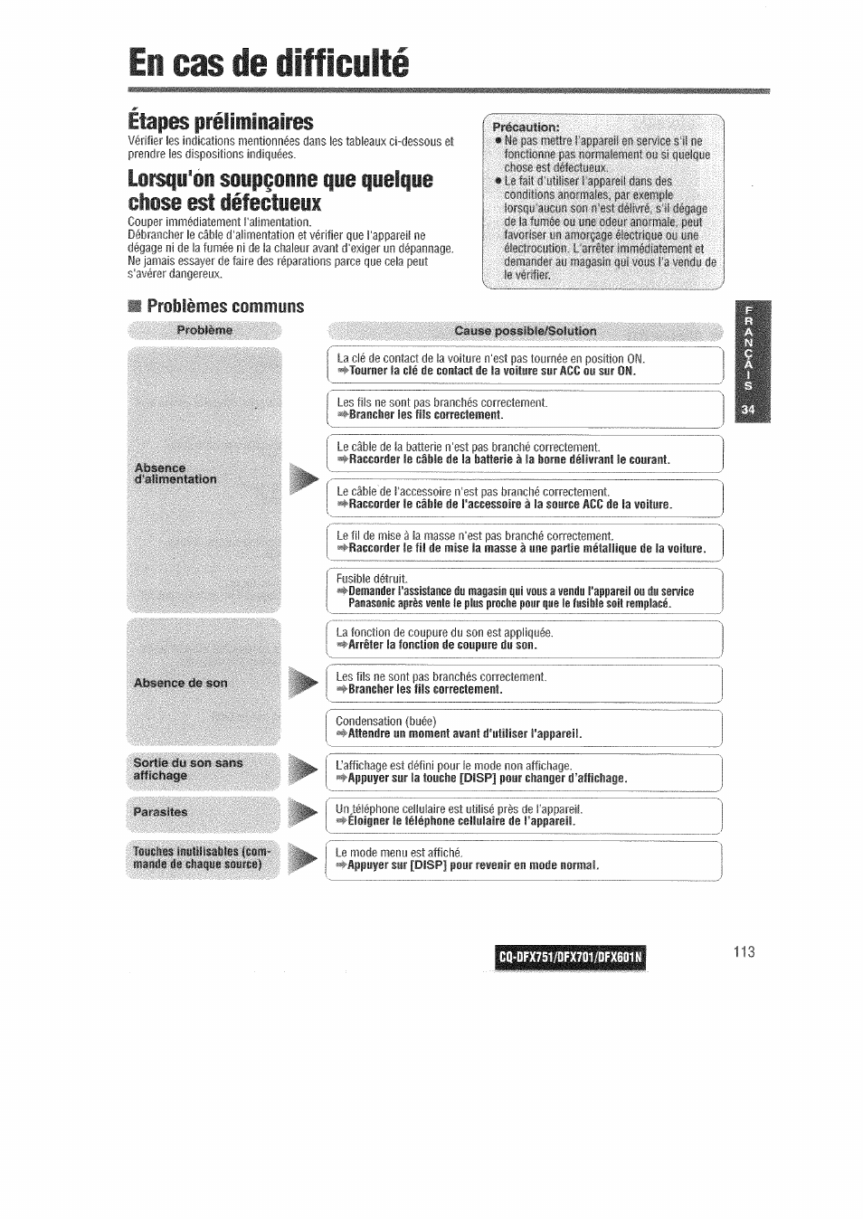 En cas de difficulté, Etapes prélimiiaires | Panasonic CQDFX601 User Manual | Page 37 / 41