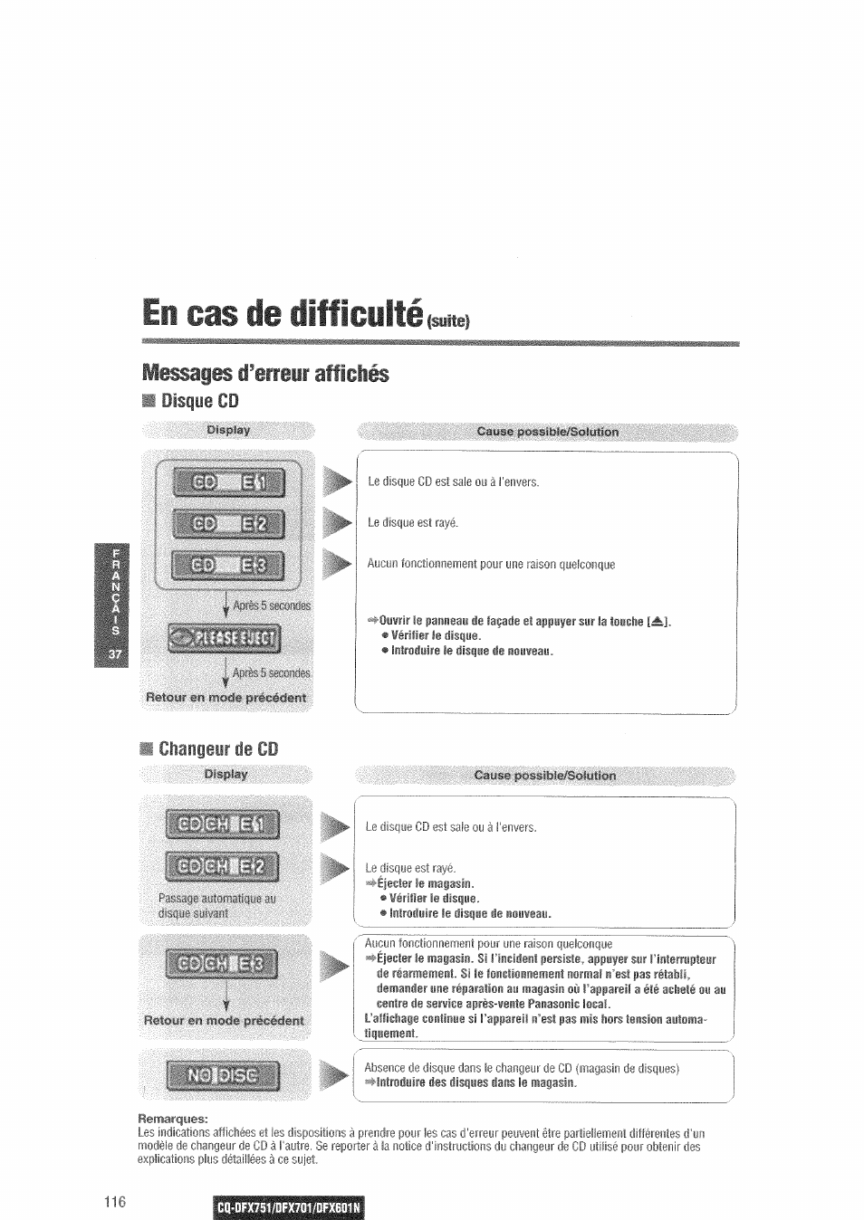 En cas de difficulté, Lessafes i^erreir affidés, Changeur de cd | Panasonic CQDFX601 User Manual | Page 40 / 41