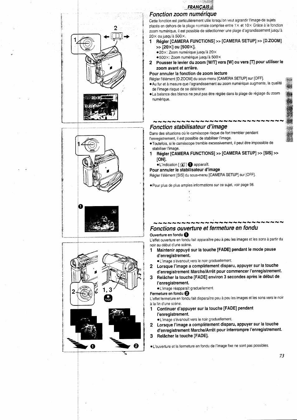 Fonction zoom numérique, Fonction stabilisateur d’image, Fonctions ouverture et fermeture en fondu | Francaisà | Panasonic NVGS5 User Manual | Page 19 / 54