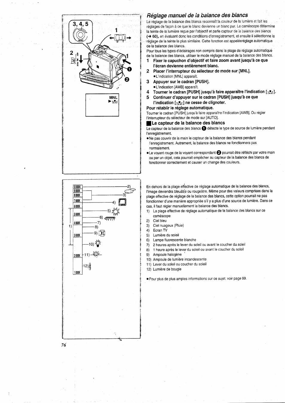 Réglage manuel de la balance des blancs, 3 appuyer sur le cadran [push, Pour rétabiir le réglage automatique | Le capteur de la balance des blancs | Panasonic NVGS5 User Manual | Page 22 / 54