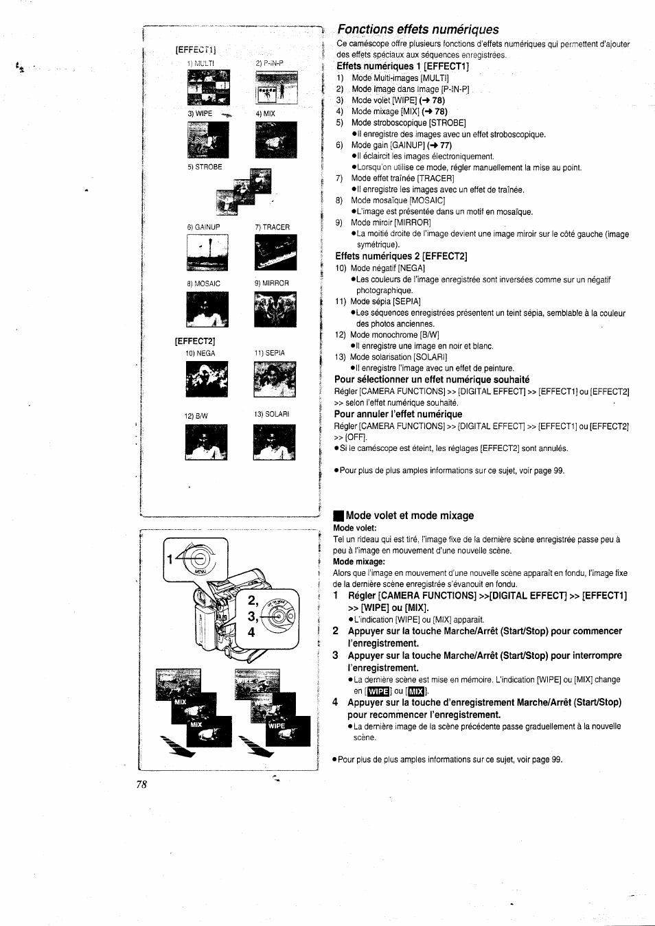 Fonctions effets numériques, Effets numériques 1 [effect1, Effets numériques 2 [effect2 | Pour sélectionner un effet numérique souhaité, Pour annuler l’effet numérique, Mode volet et mode mixage | Panasonic NVGS5 User Manual | Page 24 / 54