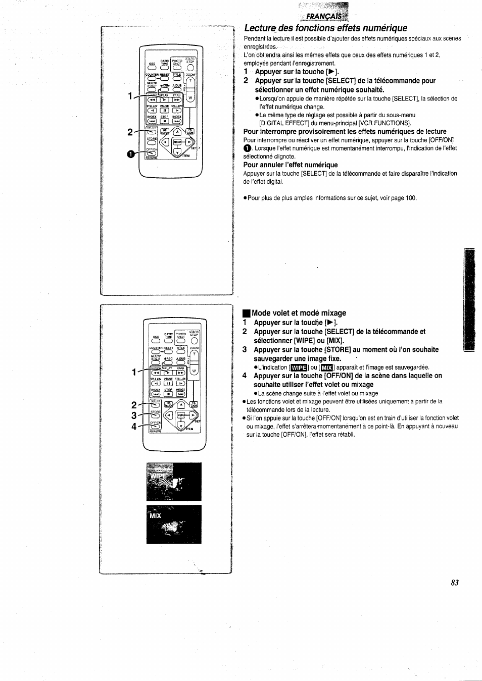 Lecture des fonctions effets numérique, 1 appuyer sur la touche, Pour annuler l’effet numérique | Mode volet et modé mixage | Panasonic NVGS5 User Manual | Page 29 / 54