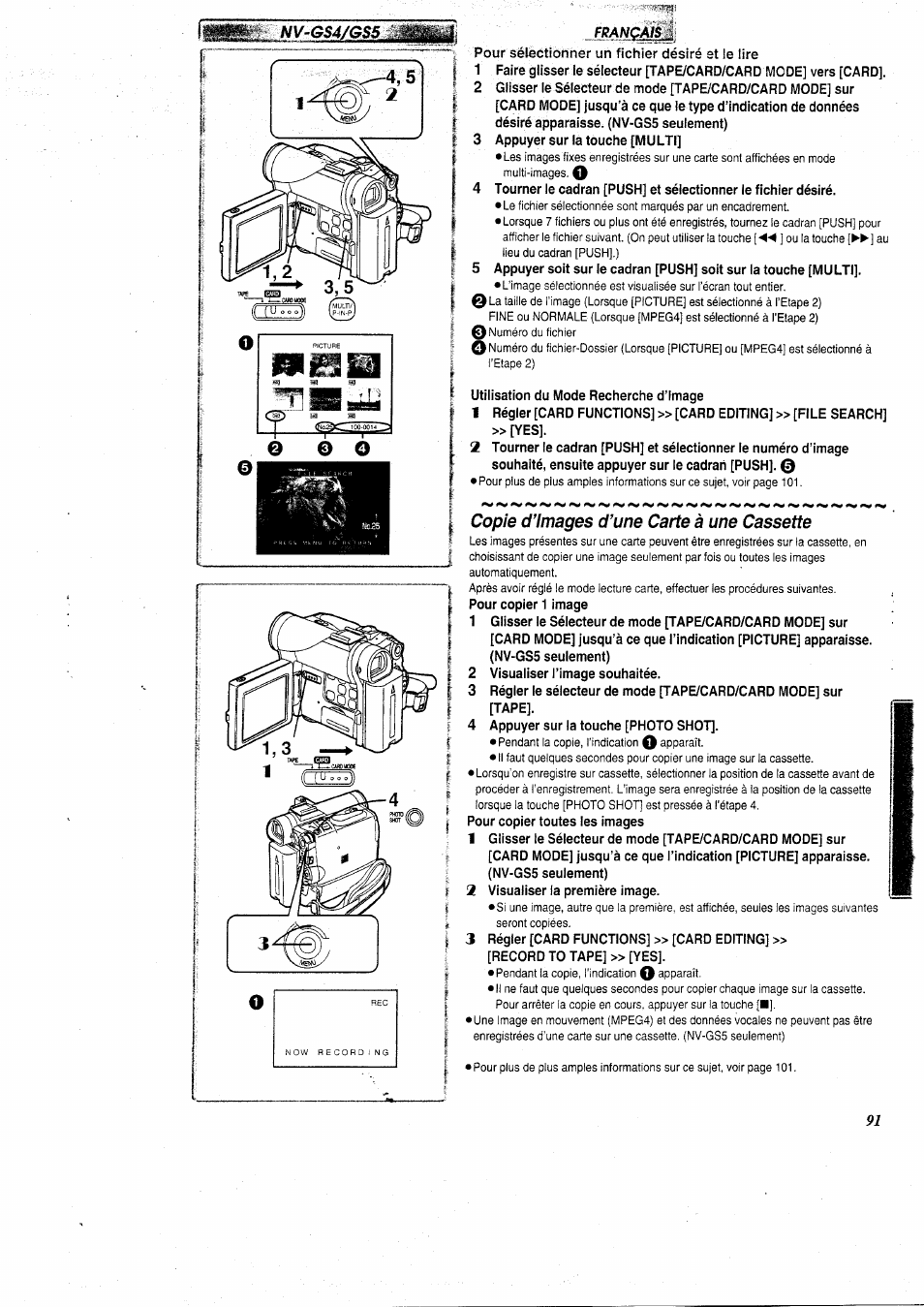 Copie d’images d’une carte à une cassette | Panasonic NVGS5 User Manual | Page 37 / 54