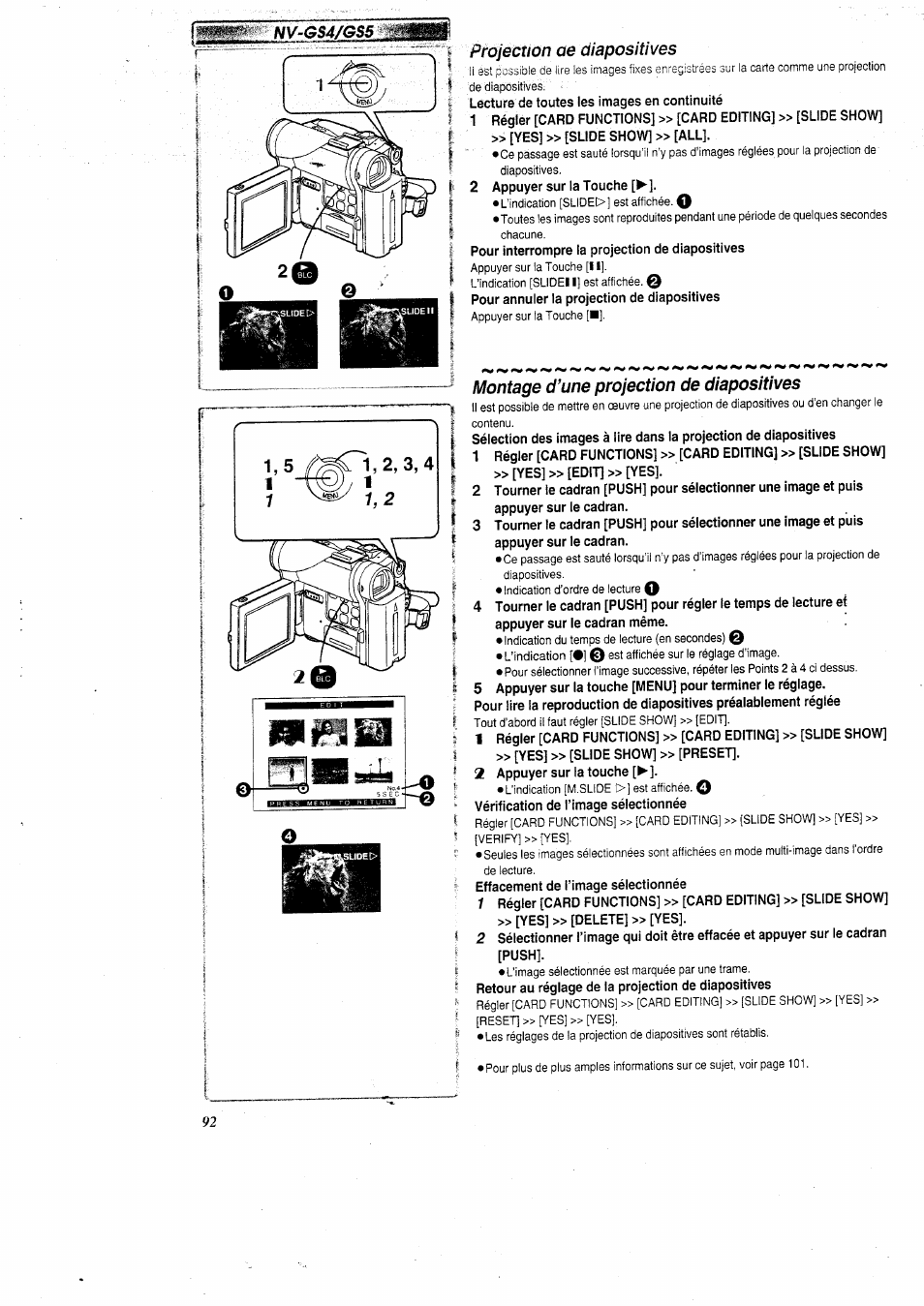 Projection ae diapositives, Montage d’une projection de diapositives, Projection de diapositives | Panasonic NVGS5 User Manual | Page 38 / 54