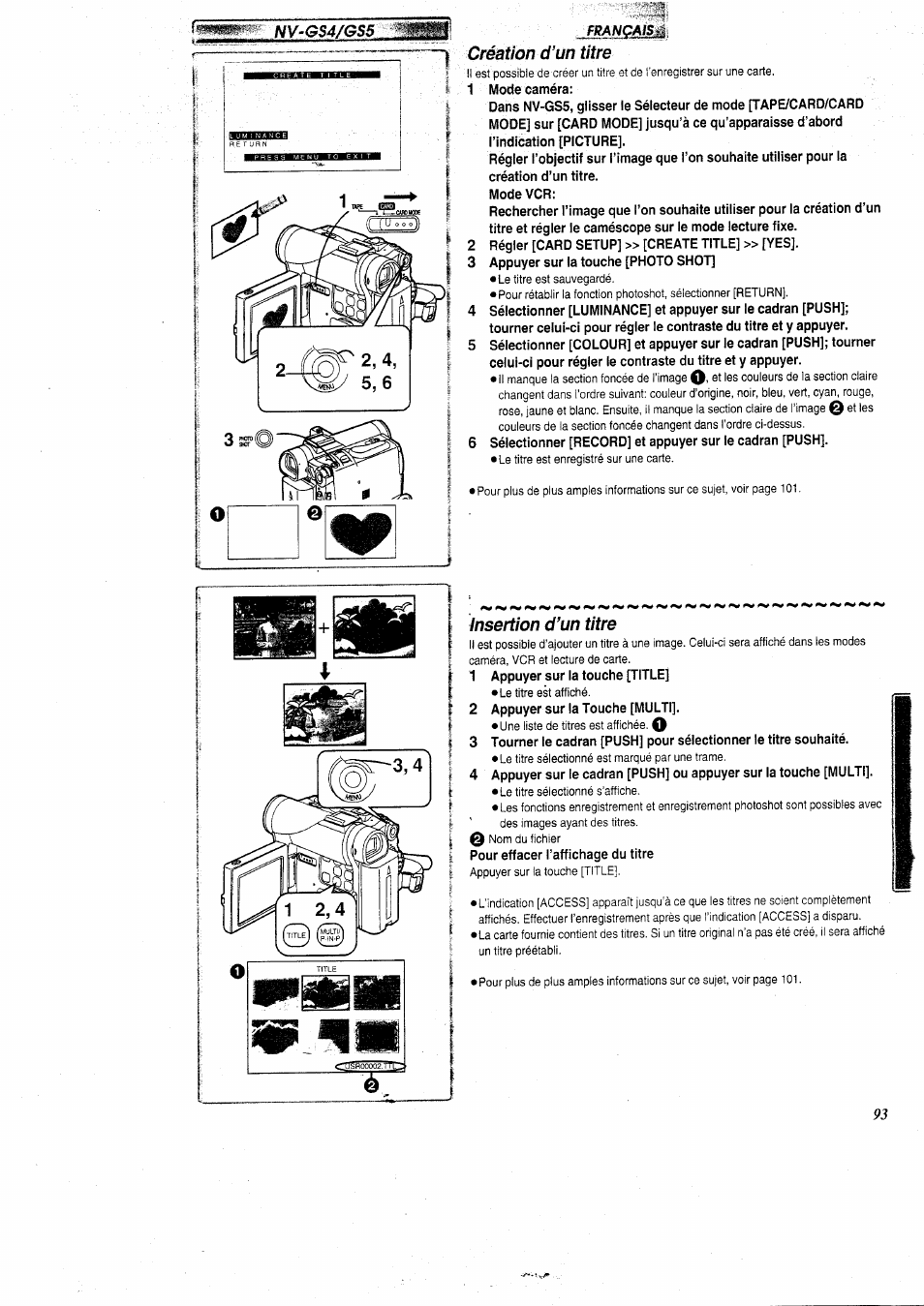 Création d’un titre, Insertion d’un titre, Création d’un titre insertion d’un titre | Panasonic NVGS5 User Manual | Page 39 / 54