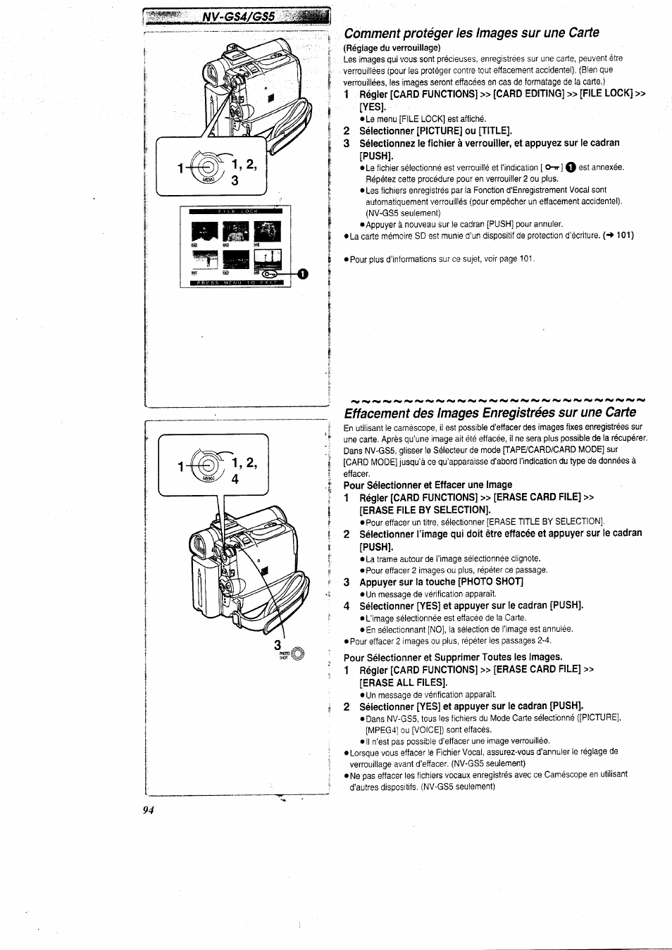 Comment protéger les images sur une carte, 2 sélectionner [picture] ou [title, Effacement des images enregistrées sur une carte | Pour sélectionner et effacer une image, 1 régler [card functions] » [erase card file, Erase file by selection, 3 appuyer sur ia touche [photo shot, Pour sélectionner et supprimer toutes les images, Erase all files | Panasonic NVGS5 User Manual | Page 40 / 54