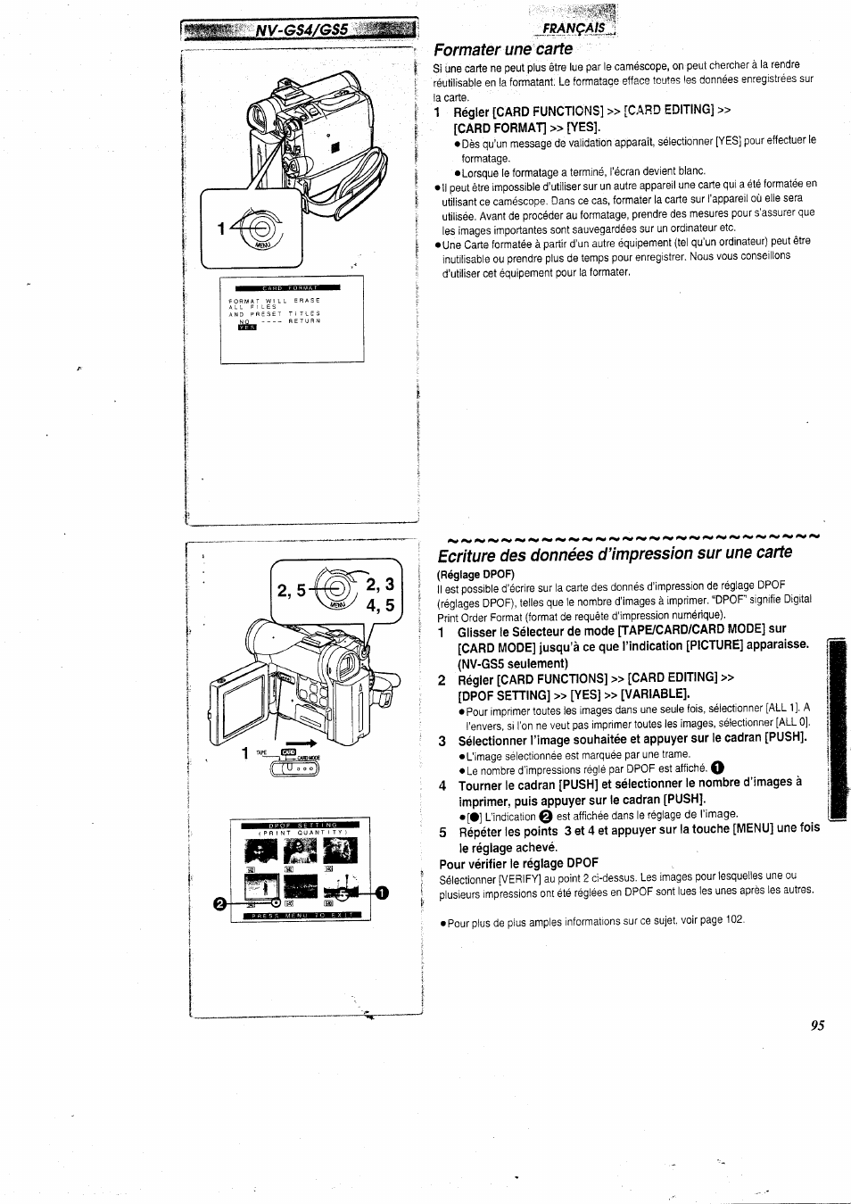 Formater une carte, 1 régler [card functions] » [card editing, Gard format] » [yes | Ecriture des données d’impression sur une carte, 2 régler [card functions] » [card editing, Dpof setting] » [yes] » [variable, Pour vérifier le réglage dpof, Réglage | Panasonic NVGS5 User Manual | Page 41 / 54